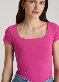 Cotton Blend Short Sleeve Square Neck Bodysuit for Tall Women