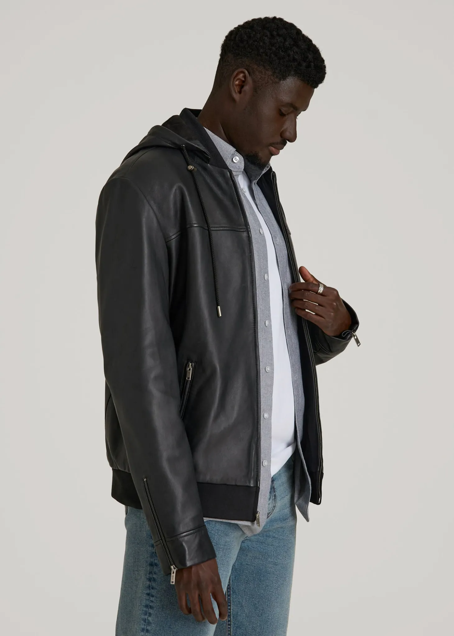 Genuine Leather Hooded Bomber for Tall Men