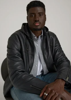 Genuine Leather Hooded Bomber for Tall Men