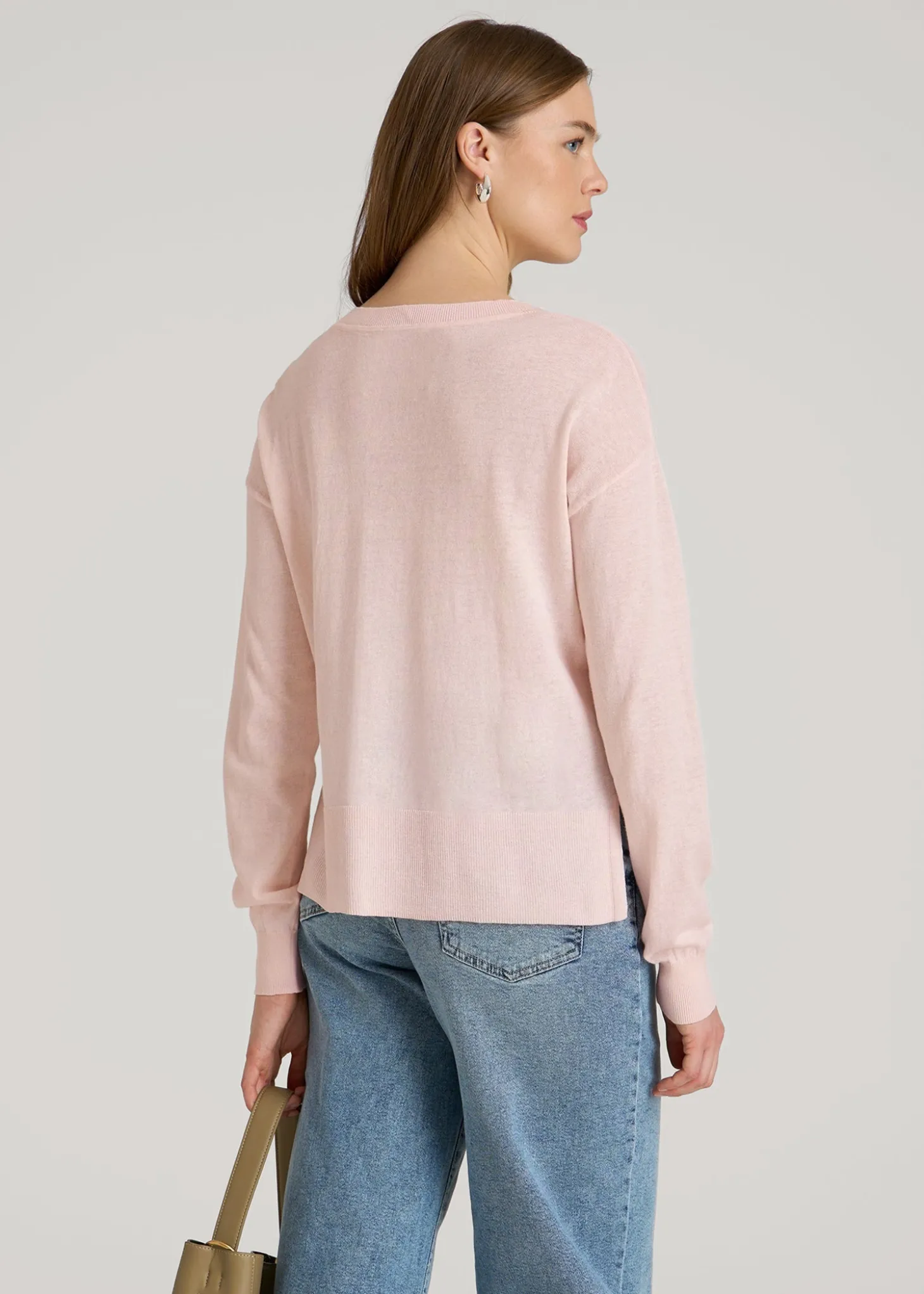 Linen Blend Split Hem V-Neck Sweater for Tall Women