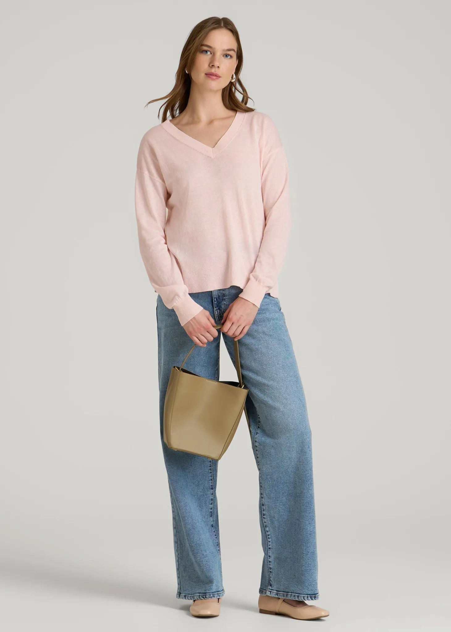 Linen Blend Split Hem V-Neck Sweater for Tall Women