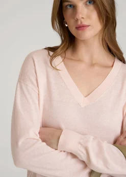 Linen Blend Split Hem V-Neck Sweater for Tall Women