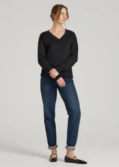 Linen Blend Split Hem V-Neck Sweater for Tall Women