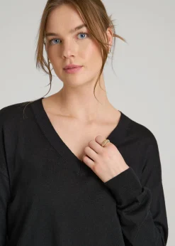 Linen Blend Split Hem V-Neck Sweater for Tall Women