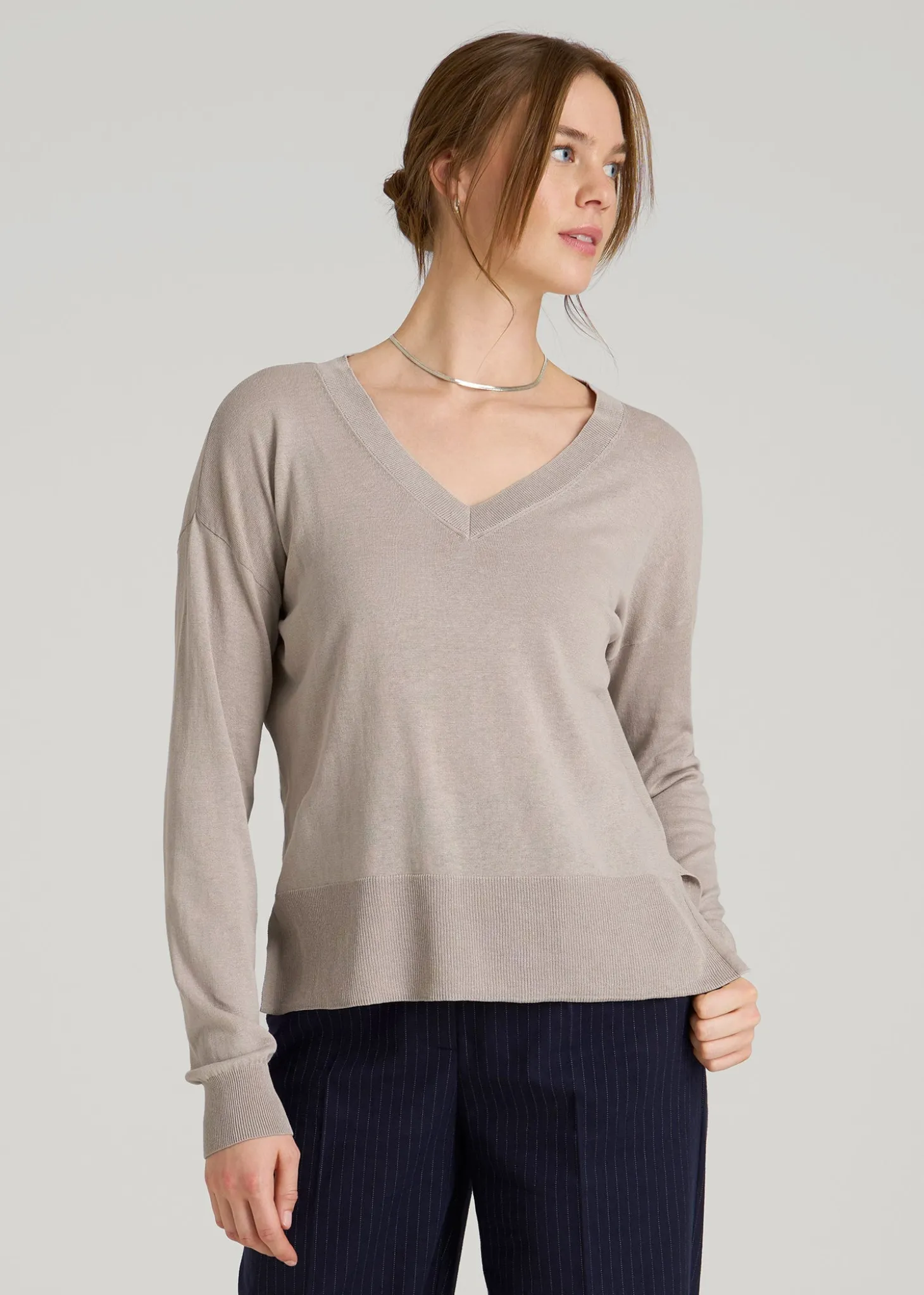 Linen Blend Split Hem V-Neck Sweater for Tall Women