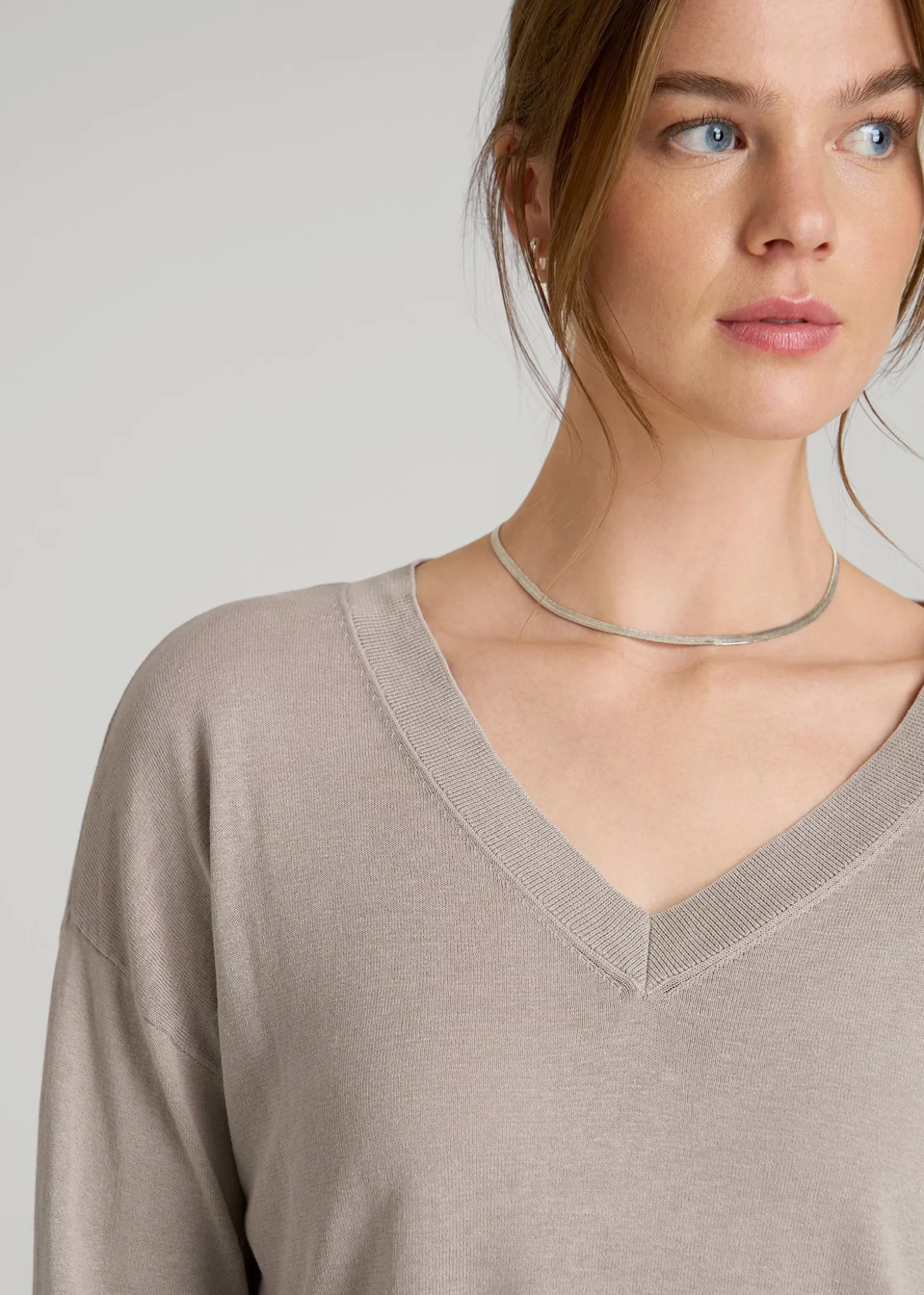 Linen Blend Split Hem V-Neck Sweater for Tall Women