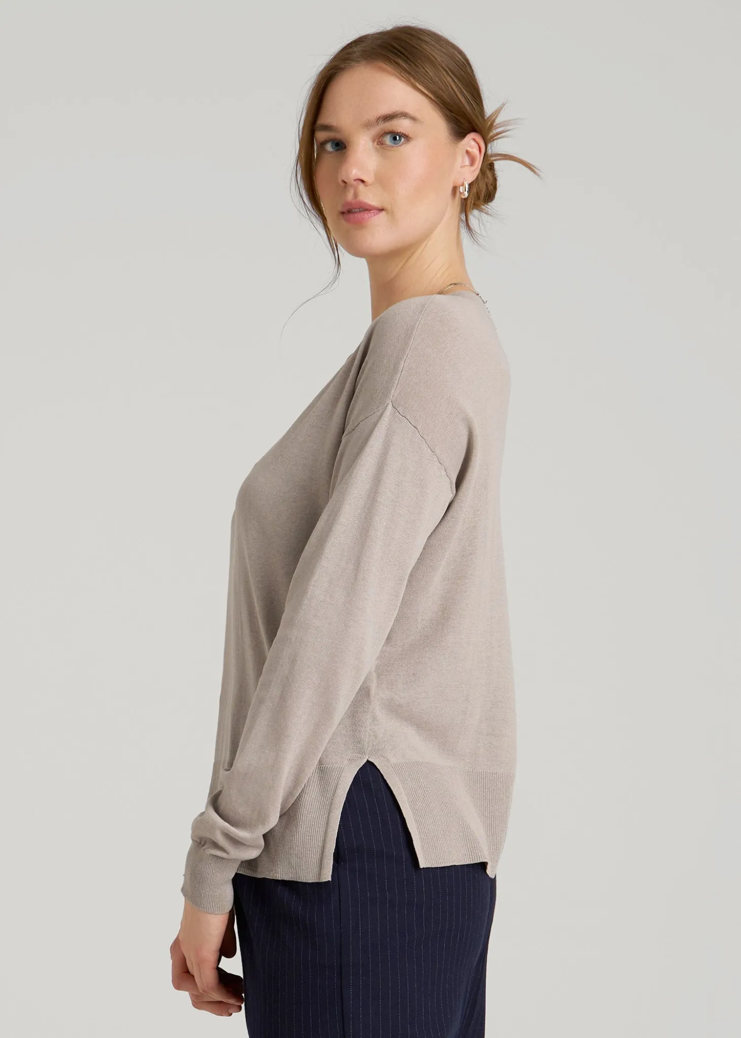 Linen Blend Split Hem V-Neck Sweater for Tall Women