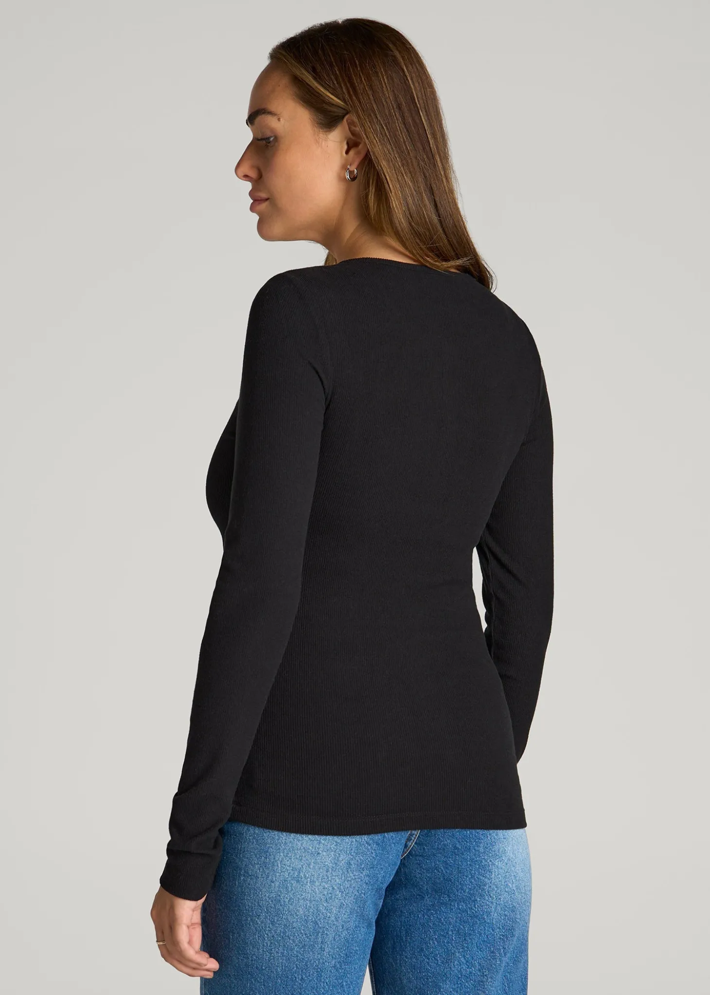 Long Sleeve Ribbed Crewneck Henley Shirt for Tall Women