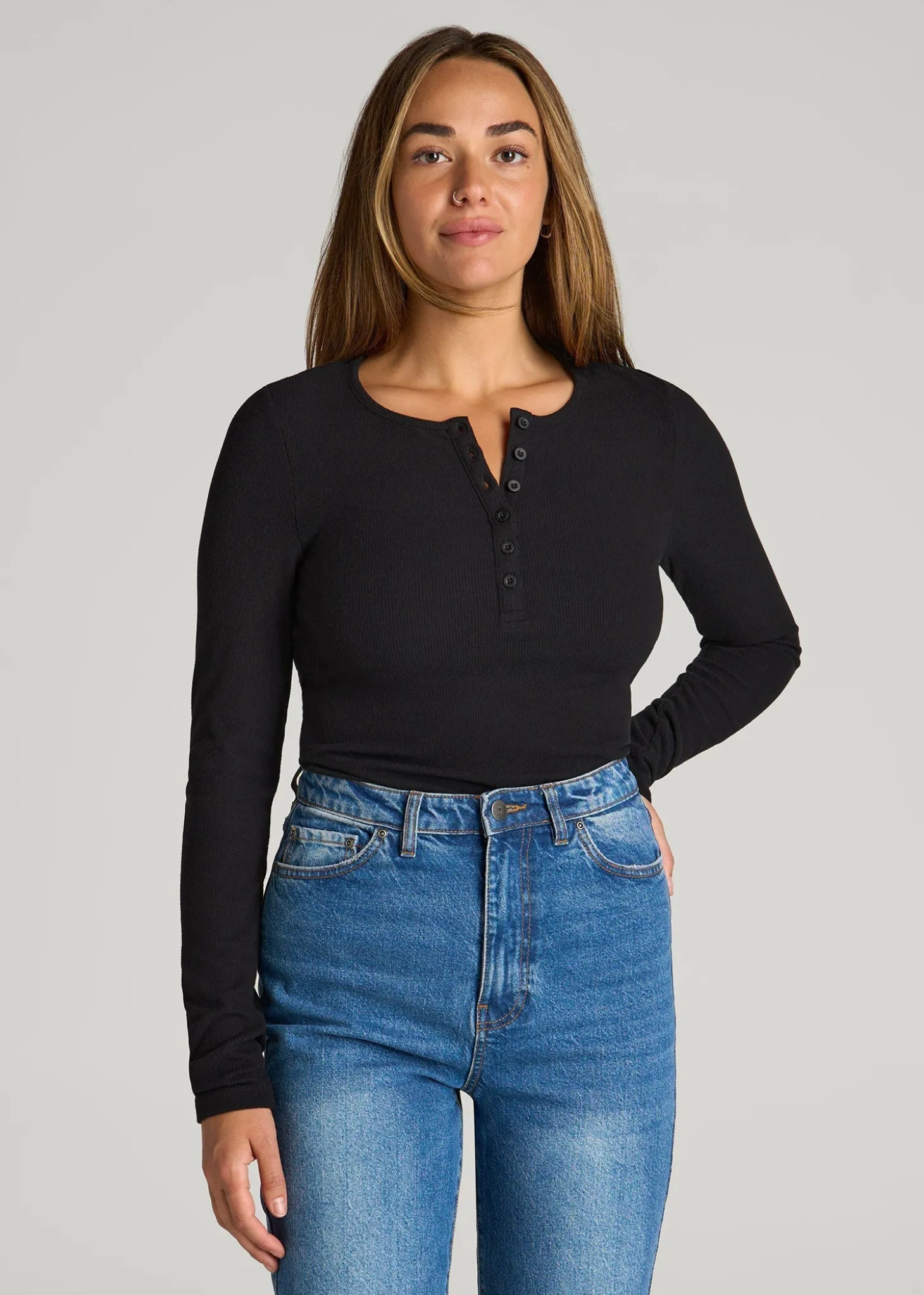 Long Sleeve Ribbed Crewneck Henley Shirt for Tall Women