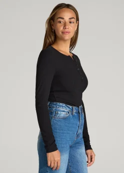 Long Sleeve Ribbed Crewneck Henley Shirt for Tall Women