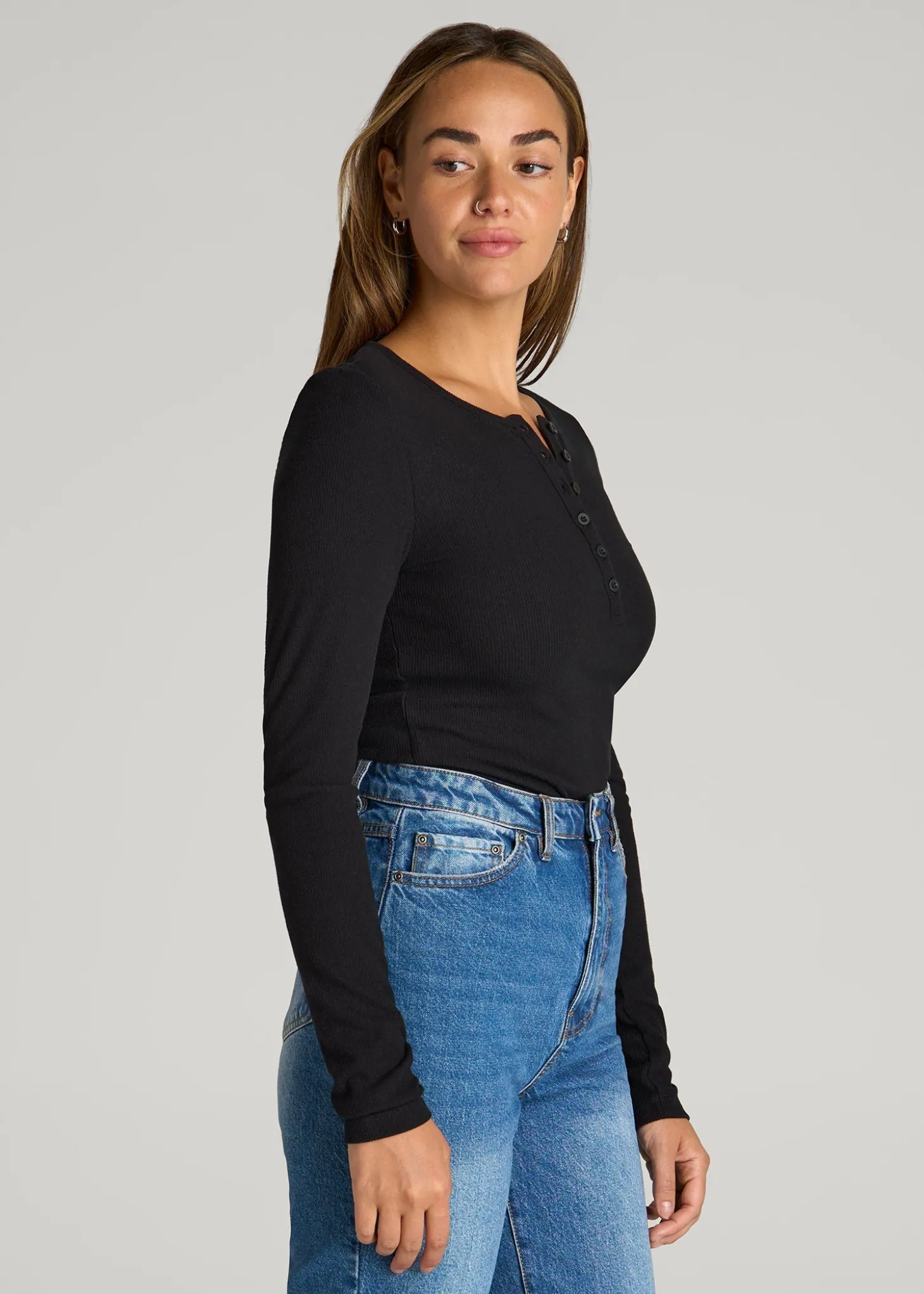 Long Sleeve Ribbed Crewneck Henley Shirt for Tall Women