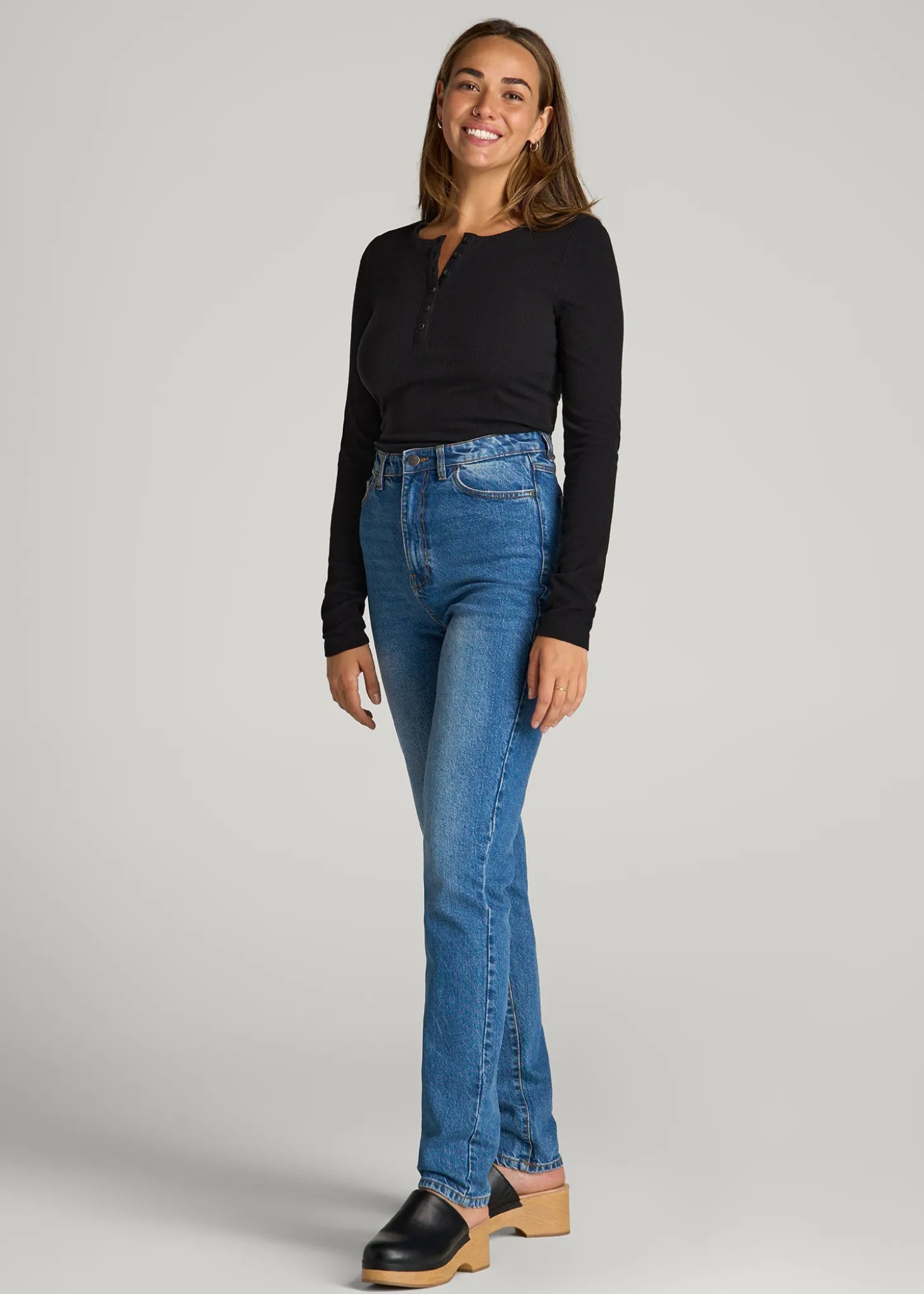 Long Sleeve Ribbed Crewneck Henley Shirt for Tall Women