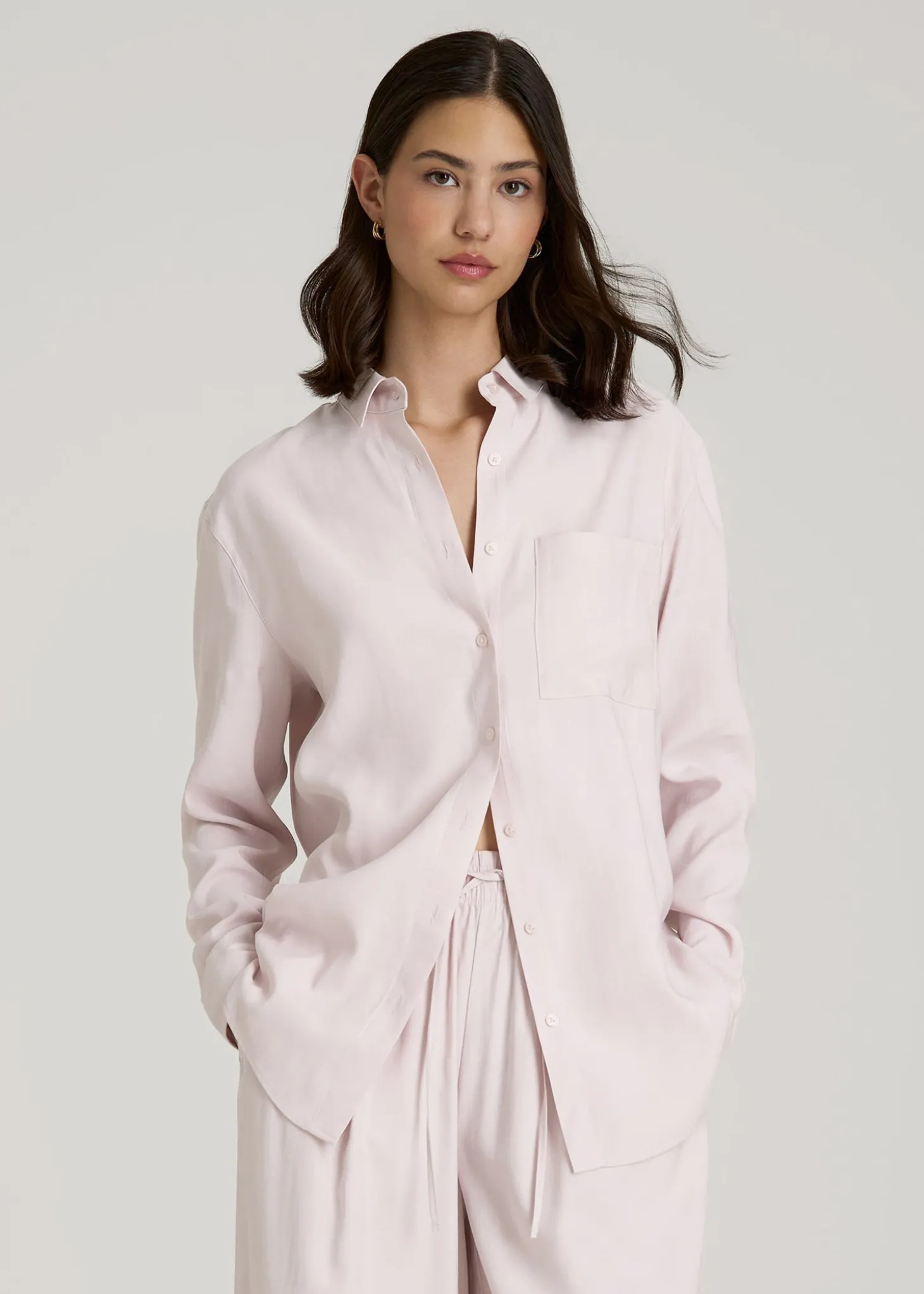 Relaxed Button-Up Single-Pocket Blouse for Tall Women