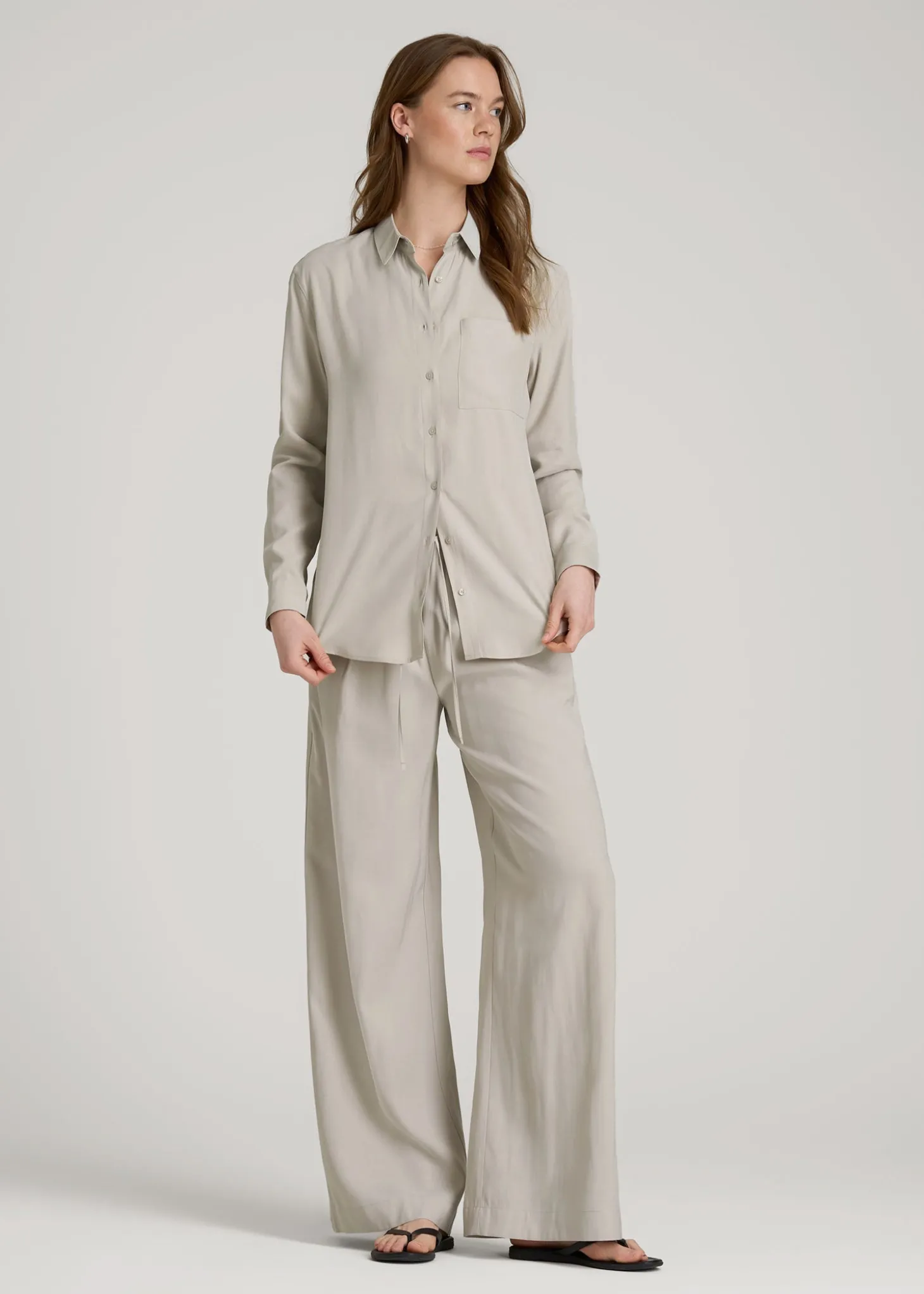 Relaxed Button-Up Single-Pocket Blouse for Tall Women