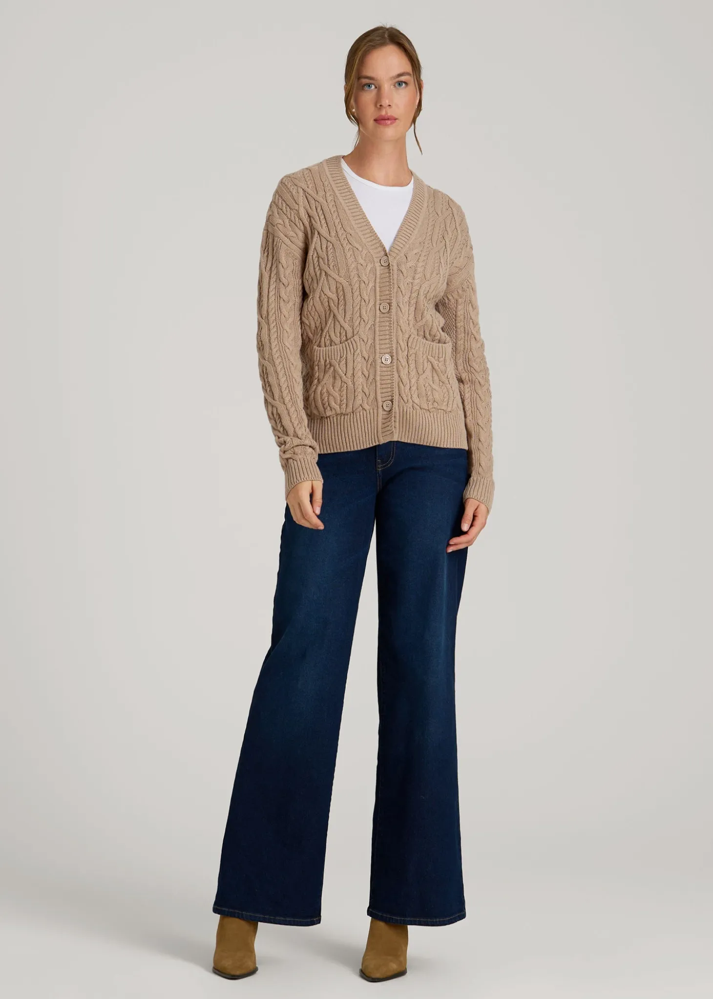 Relaxed Cotton Cable Knit Cardigan for Tall Women