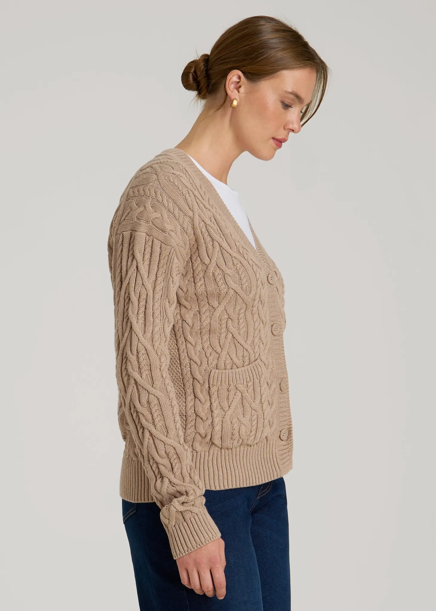 Relaxed Cotton Cable Knit Cardigan for Tall Women