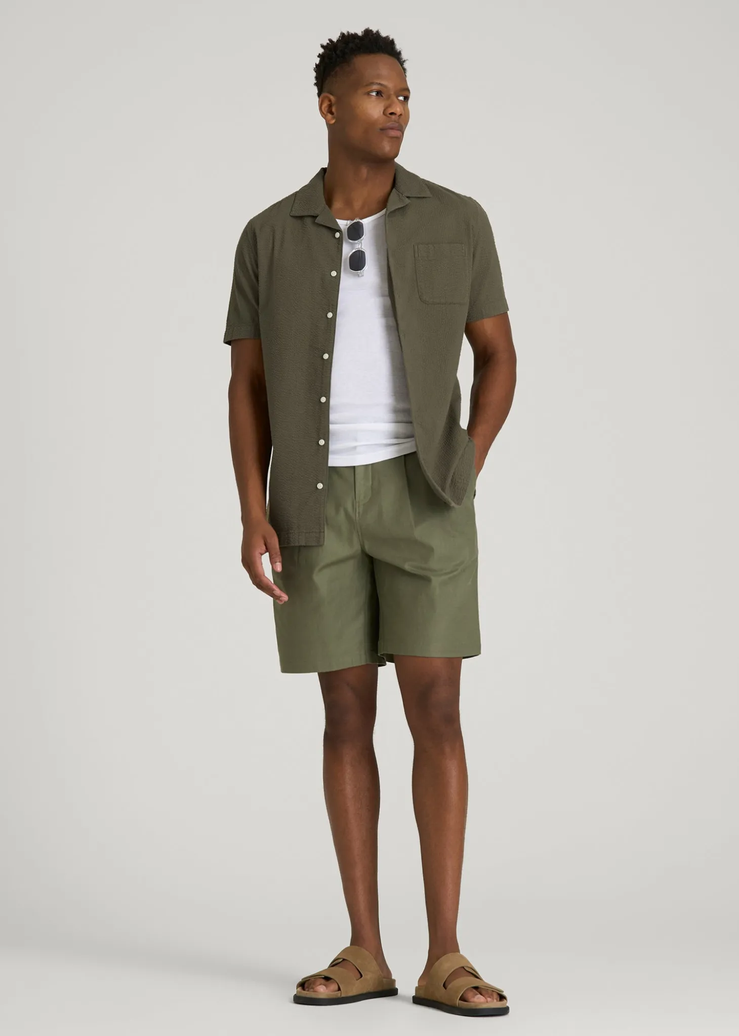 Seersucker Camp Collar Short Sleeve Shirt for Tall Men