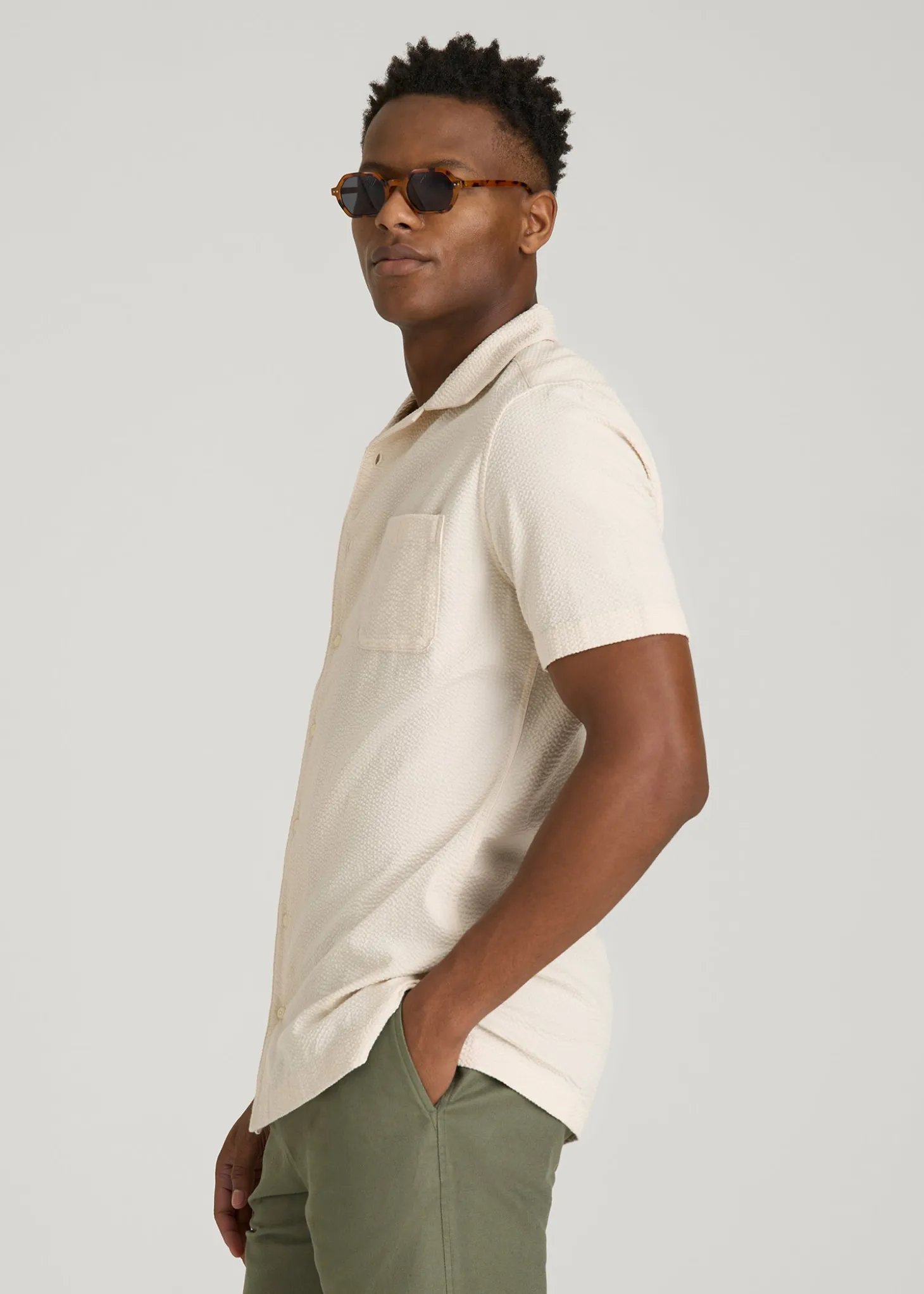 Seersucker Camp Collar Short Sleeve Shirt for Tall Men