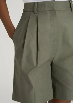 Stretch Cotton Linen Blend Pleated Shorts for Tall Women